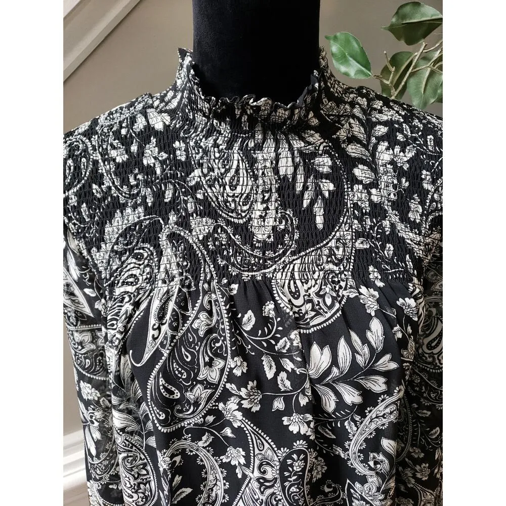ANA Blouse Women L Black White Paisley Long Sleeve High Neck Boho Peasant Top - Image 4
