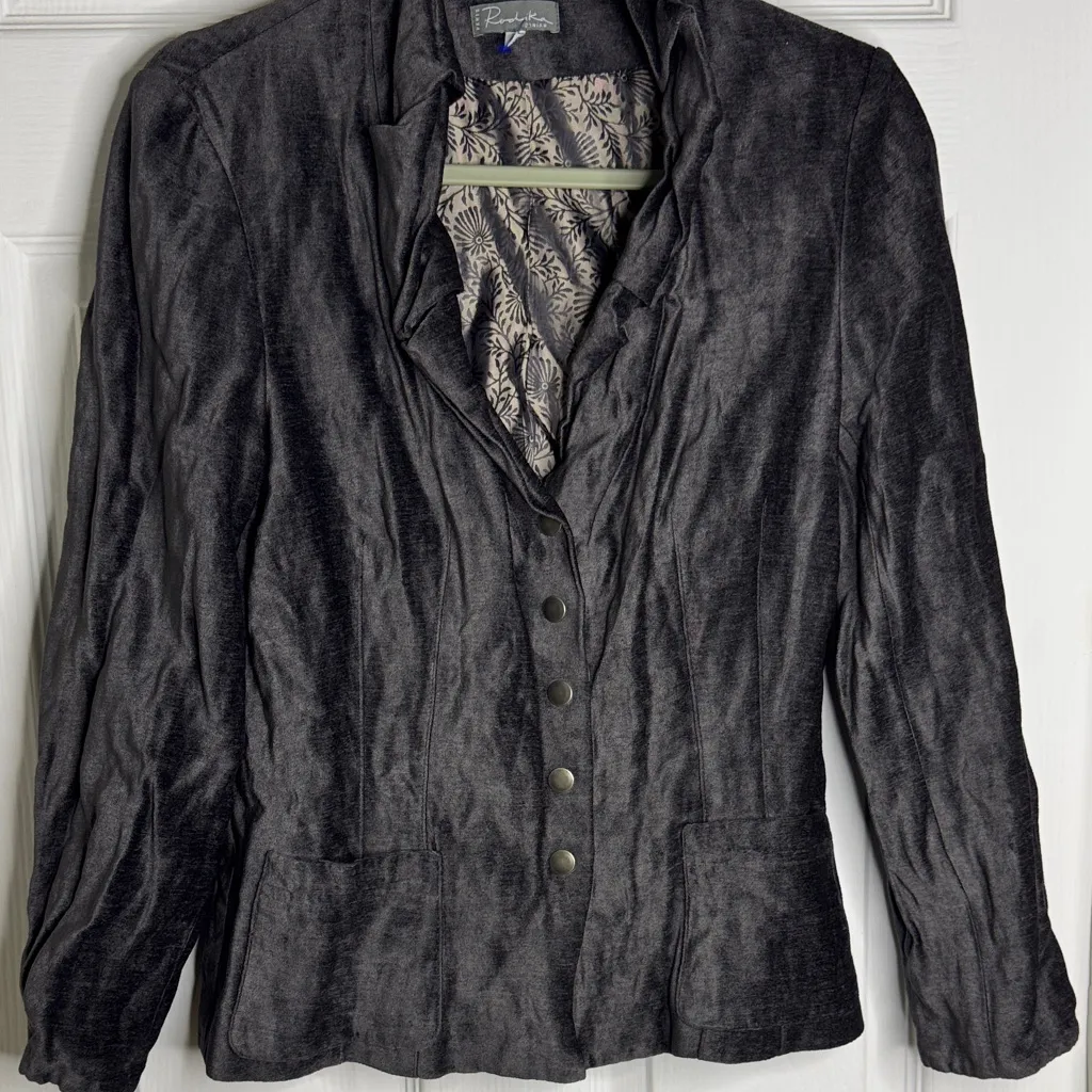 Rodika Zanian Paris Gray Metallic Velvet Blazer Made in France Size 40 Black - Image 3