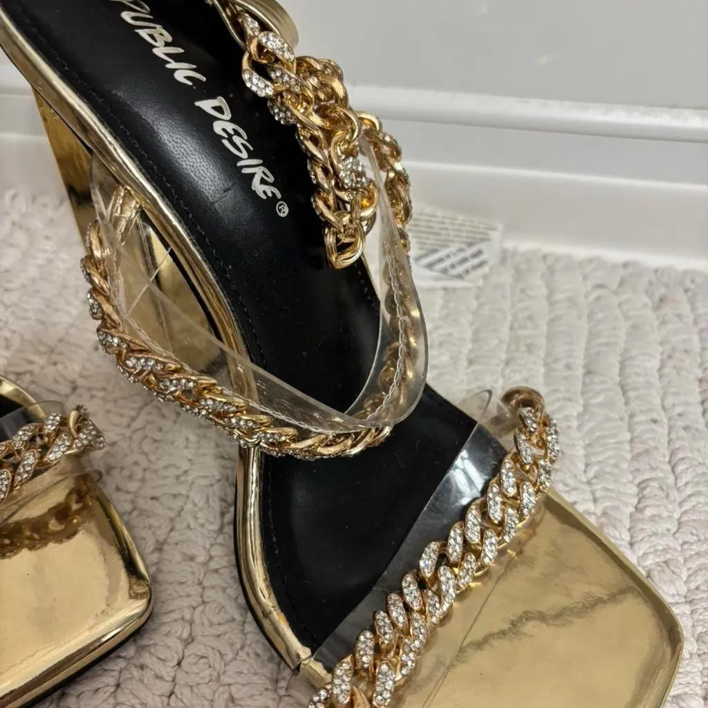 Gold block heels with rhinestone chains Size 6 - Image 3