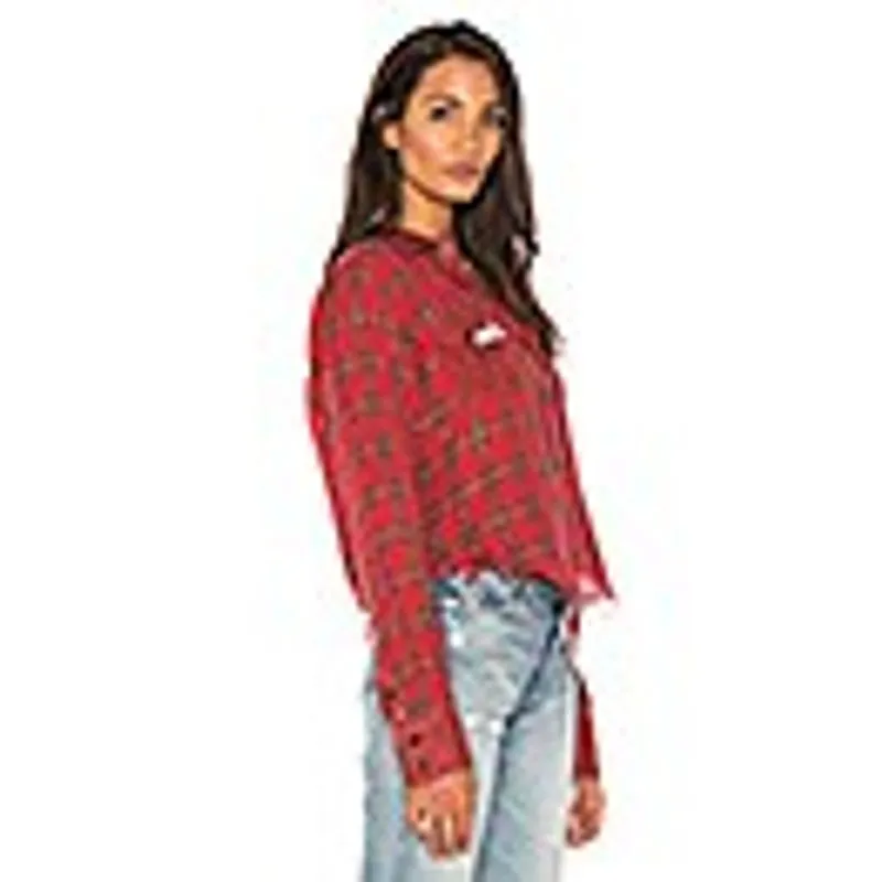 Etienne Marcel Greta Red Plaid Muslin Cotton Button Up Shirt Frayed Hem Small - Image 3