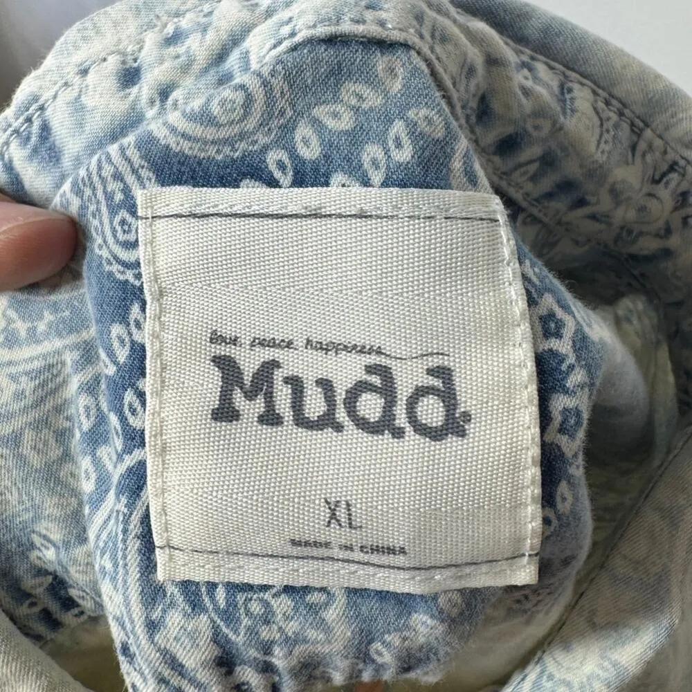 Mudd Top Women XL Blue Chambray Paisley Acid Wash Western Vintage Button Down - Image 4
