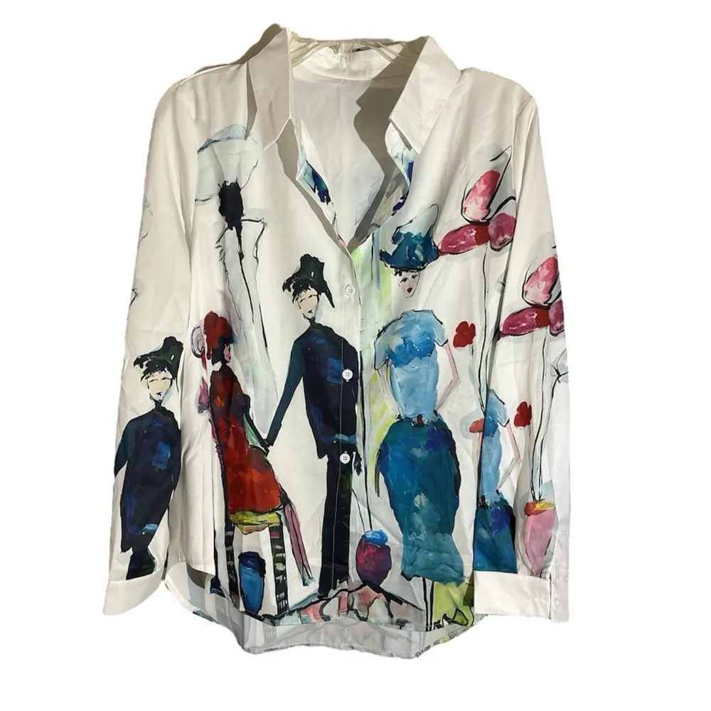 Parisian Oil Painting Print Button Down Blouse Large Multiple Size M - Image 2