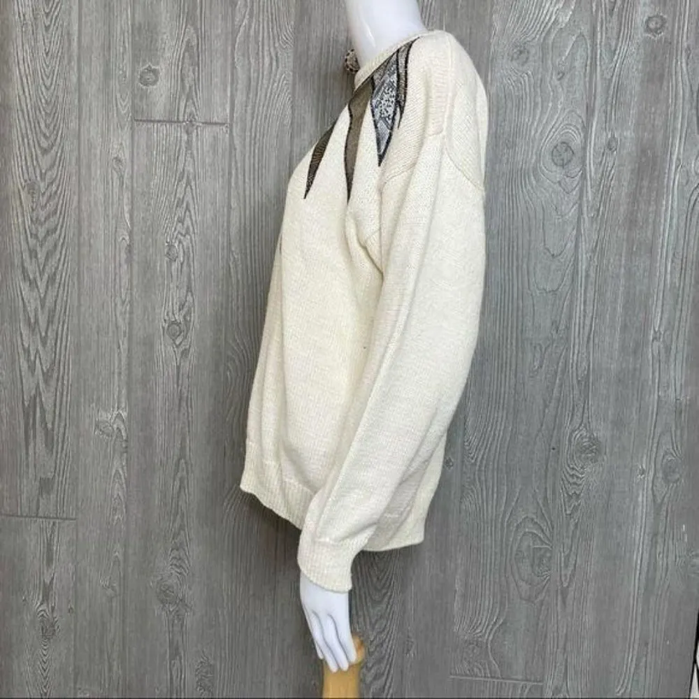 Vintage knit Hana lee sweater “ feather “ moira rose retro 80s shirt med Silver - Image 7