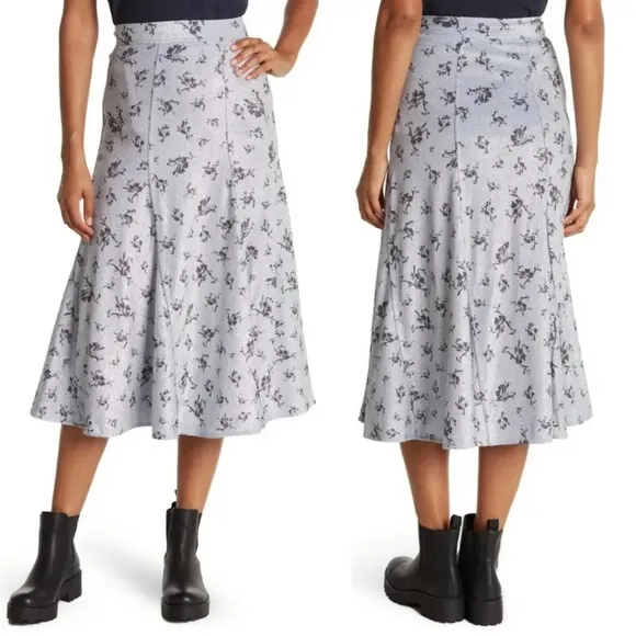 Ganni Metallic Floral Print Brunnera Blue Pull-On Pleated Midi Skirt Size 4 - Image 2