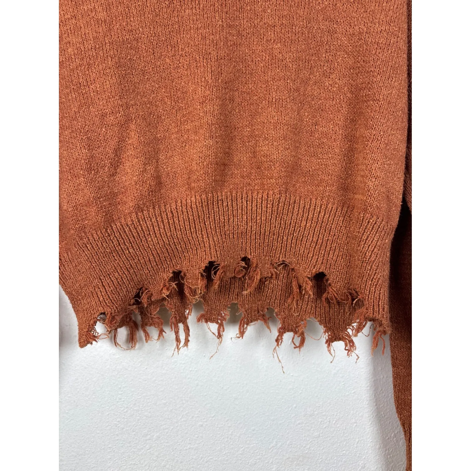 Dreamers by Debut XS Frayed Rust Orange Distressed Crop Sweater Boho Cropped Brown - Image 2