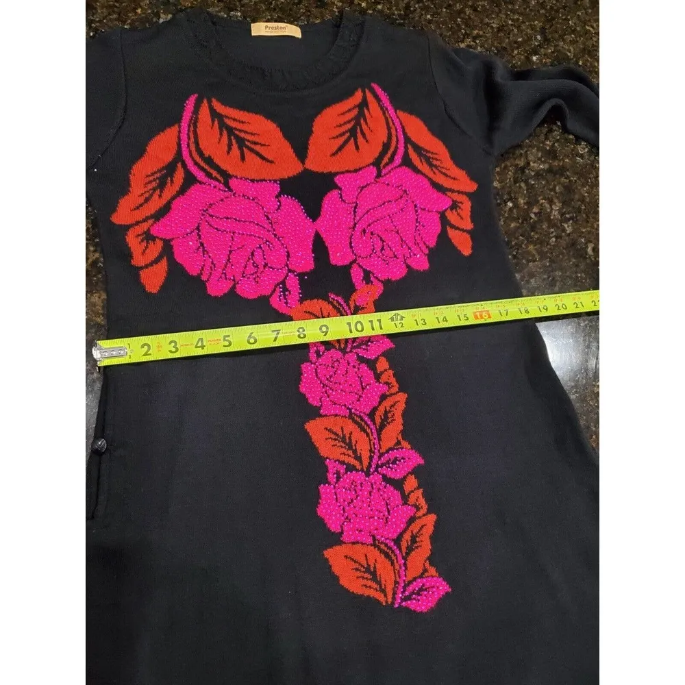 Vintage Preston Black Floral Round Neck Long Sleeve Casual Knee Length Dress 12 - Image 9