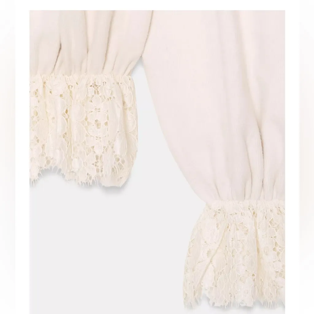 Zara NWT cream long sleeve puff sleeve lace trim top - Image 11