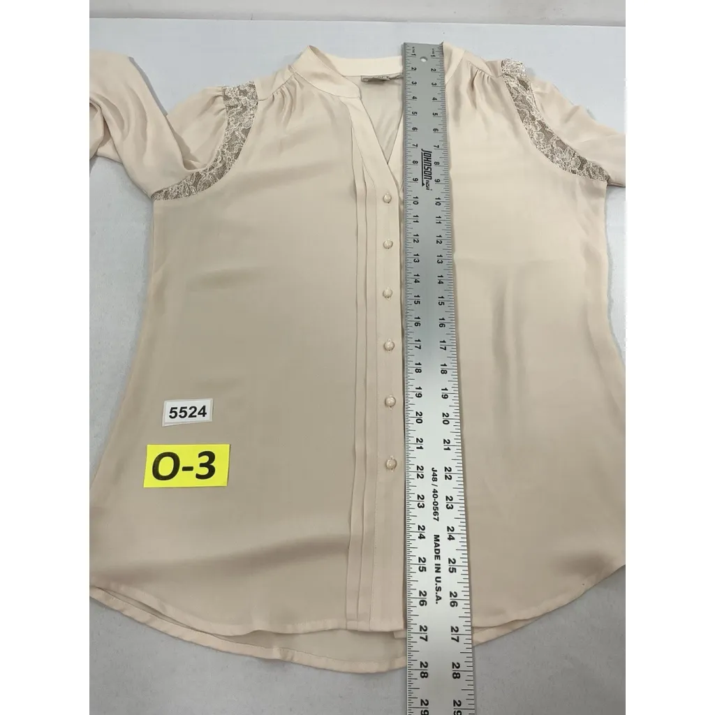 Womans Loft Long Sleeve Dress Blouse Small Pink Button Down V Neck Pearl Lace - Image 6