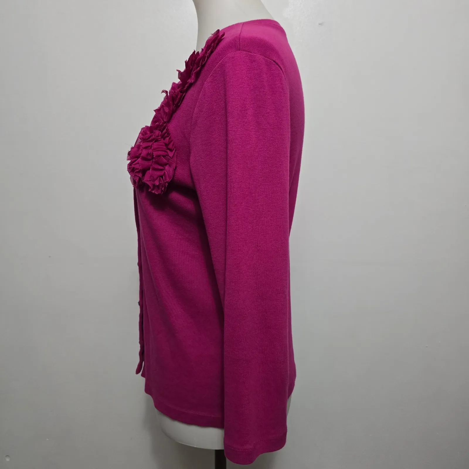 Rafaella Cardigan Magenta Pink 3/4 Sleeve Floral Embellished Cotton Medium - Image 2