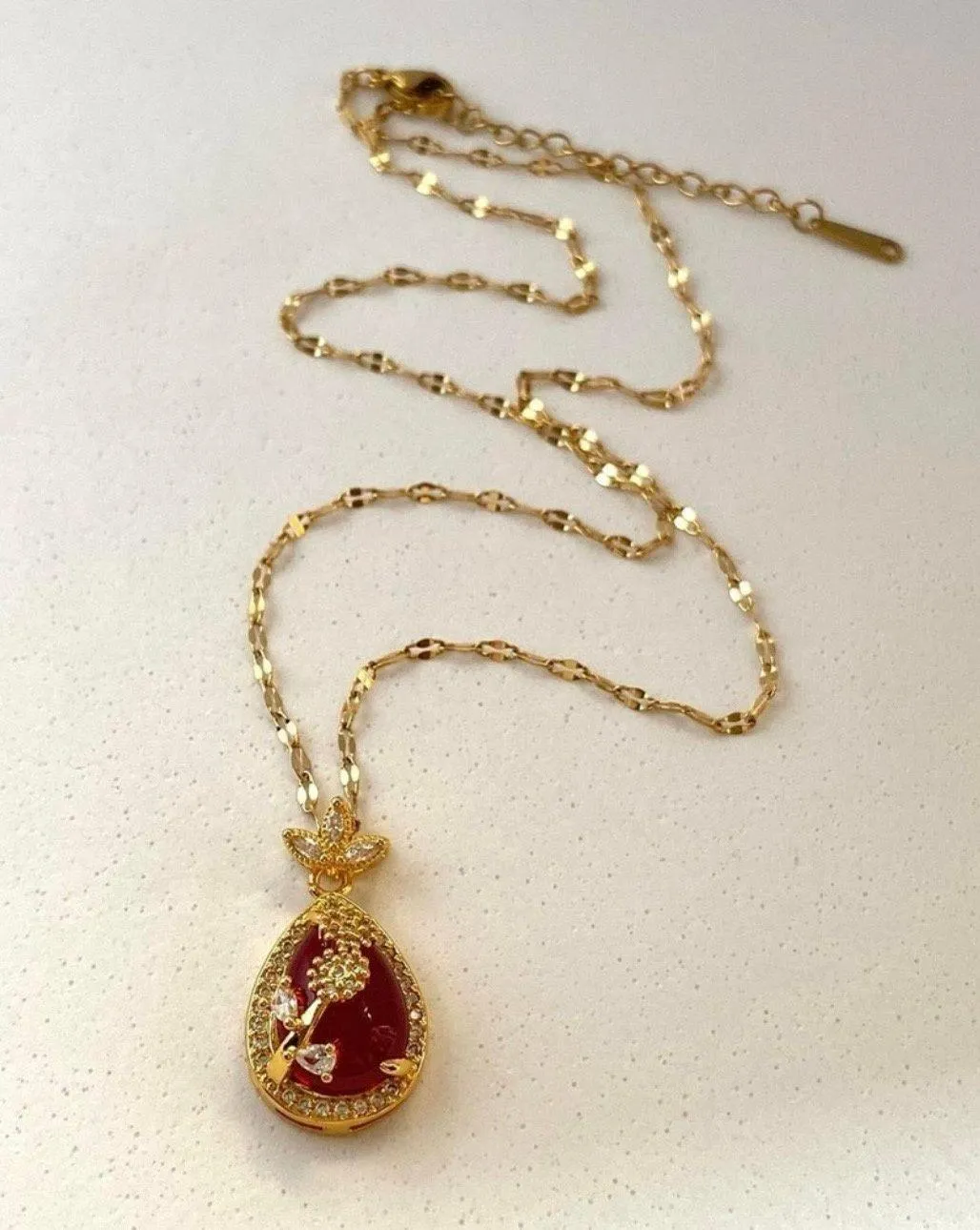 18K Gold Plated Red Crystal Flower Pendant Necklace for Women - Image 6