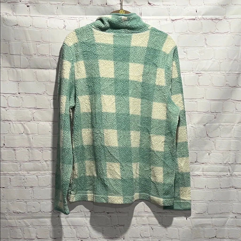 L.L. Bean Teal and Cream Fleece Plaid Pullover Sweatshirt Woman’s Size Medium - Image 3