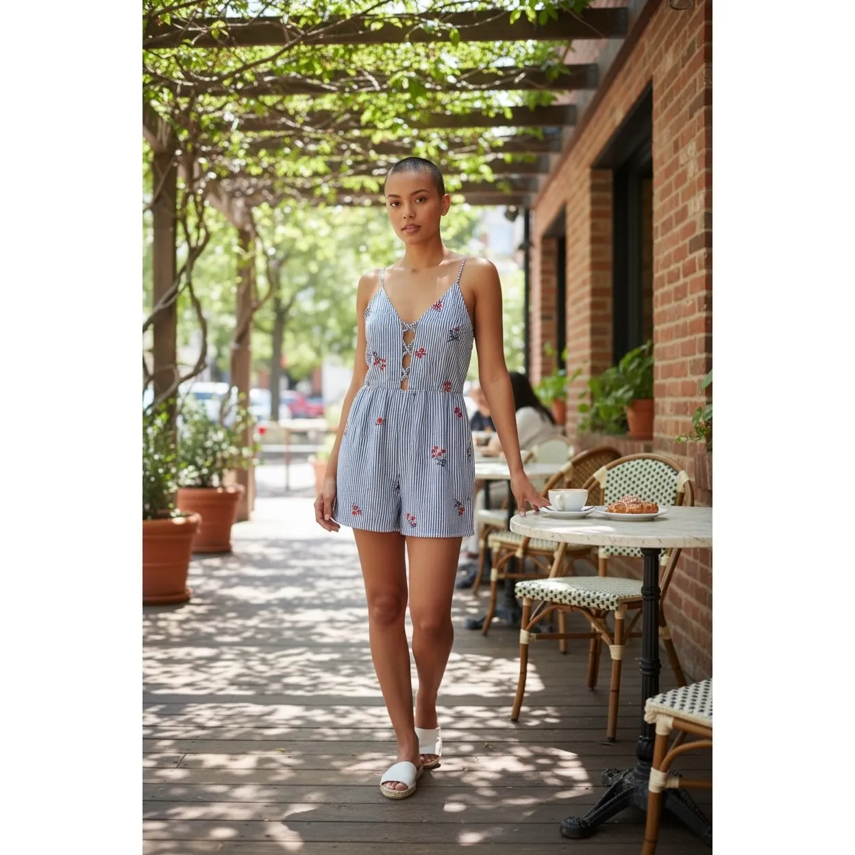 Striped Romper Floral Print‎ Sleeveless Blue White Casual Summer Cute - Image 2