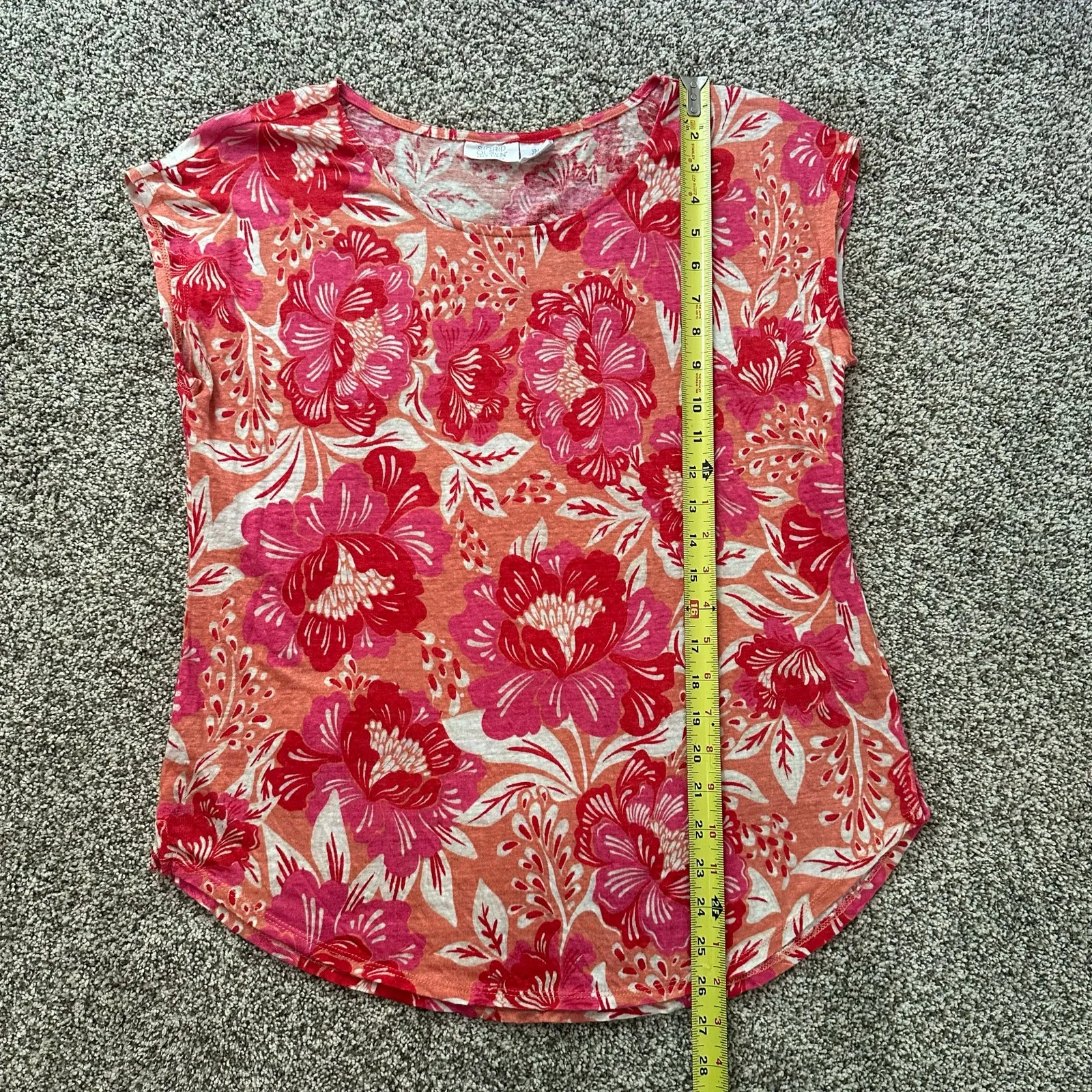 Sigrid Olsen pink, cream & red floral short sleeve linen top size L - Image 8