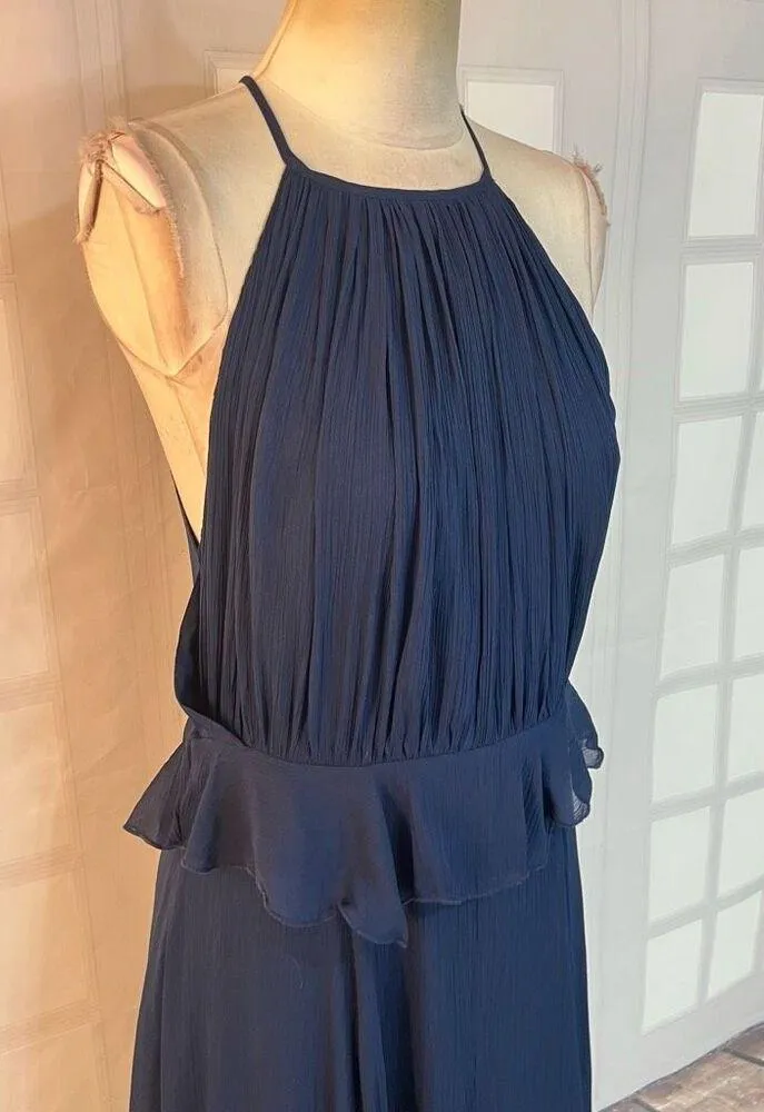 ASOS Navy Chiffon Ruffle Waist Halter Sleeveless Lined Maxi Dress Size 10 - Image 4