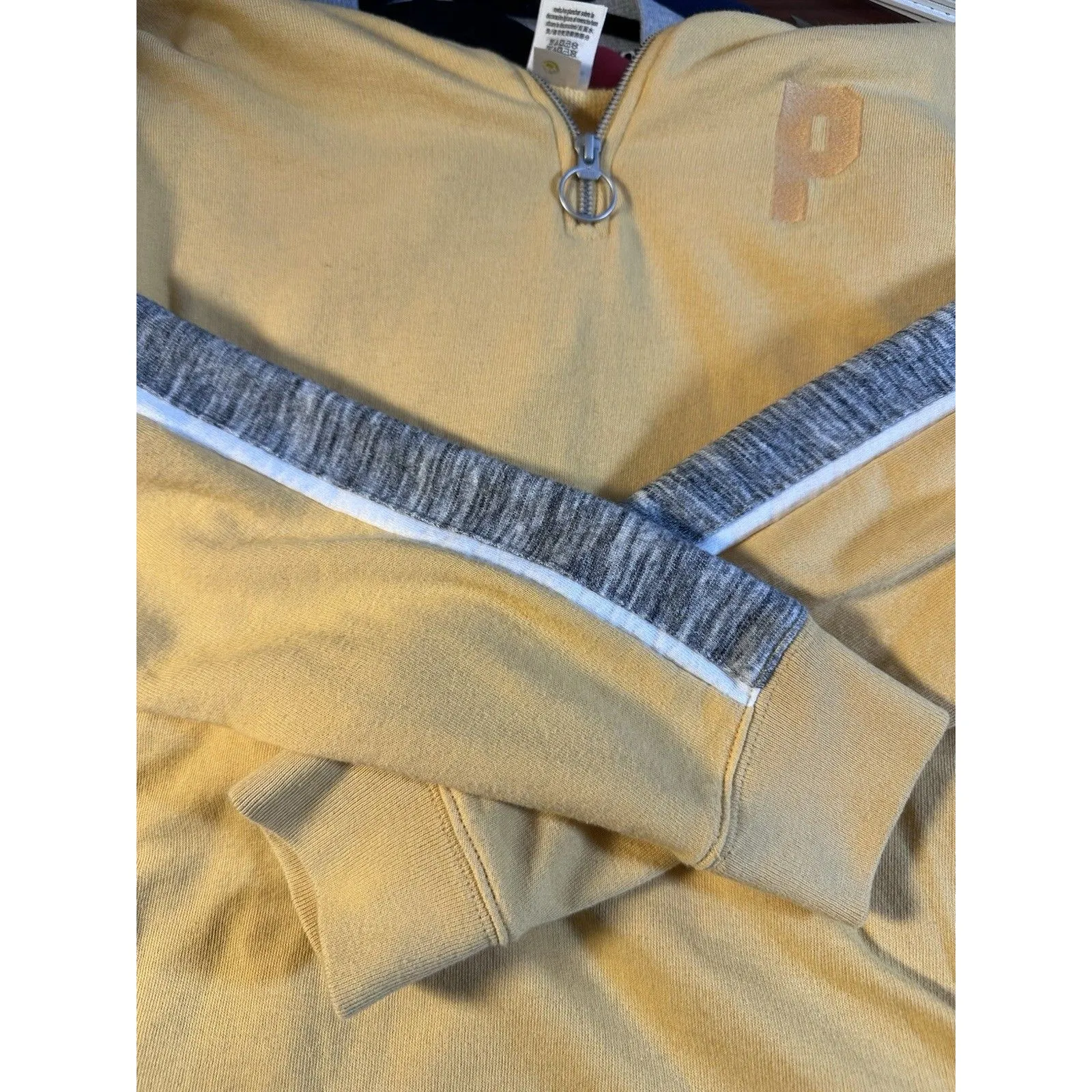 VS PINK Half Zip Hoodie Mustard Yellow Floral Embroidered Hood Sweatshirt Sz S - Image 10