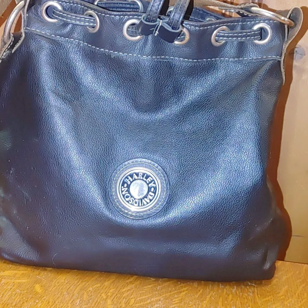 Harley Davidson Black Leather Genuine Bucket Bag Drawstring Shoulder Suede Strap - Image 6