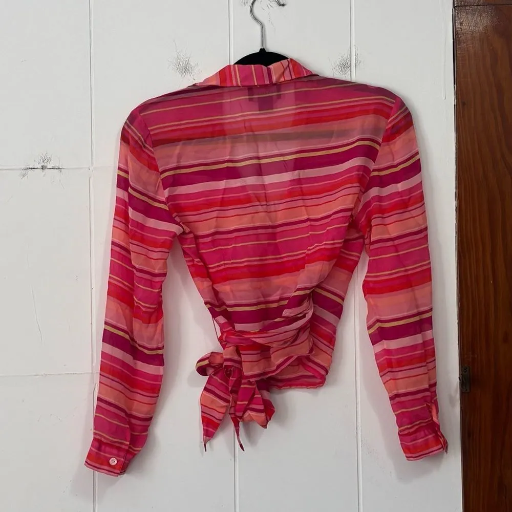 Ann Taylor Y2K  Pink Striped 100% Silk Wrap Top 8‎ Petite - Image 4