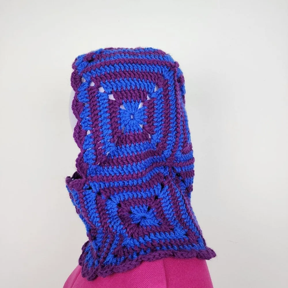 New Crochet Handmade Balaclava Granny Square Blue Purple hat beanie head warmer - Image 5