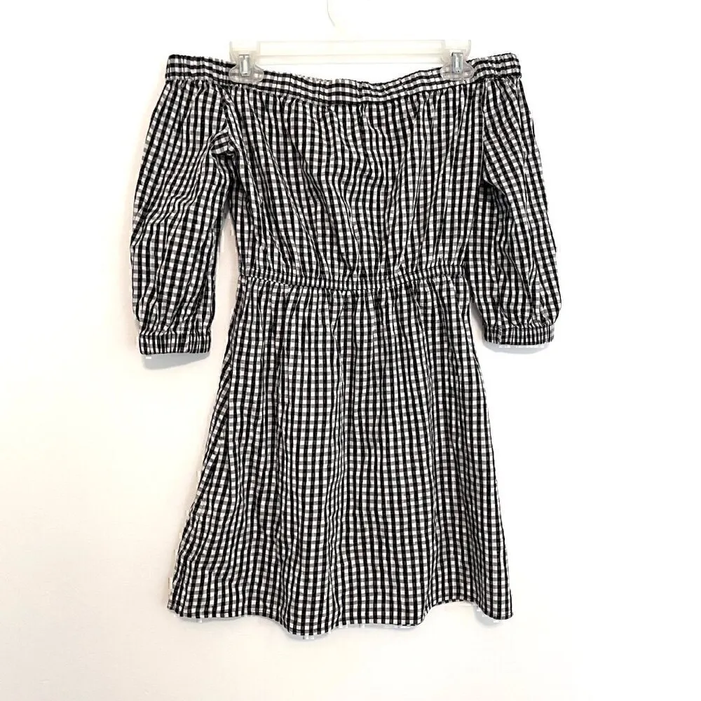 DIVIDED BY H&M Off the Shoulder Dress Black White Gingham Plaid 3/4 Sleeve Mini - Image 10