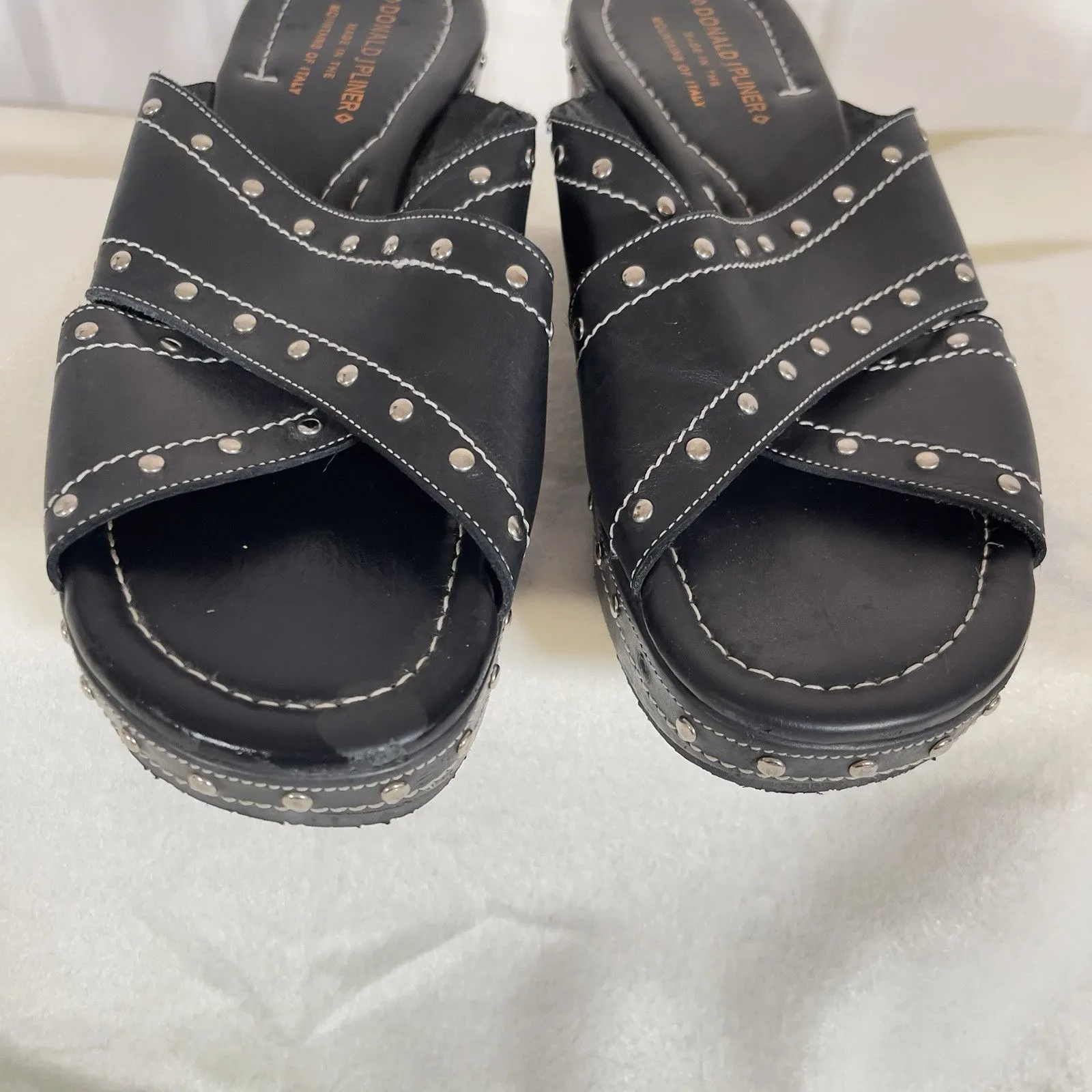 Donald Pliner Syra Black Studded Leather Wedge Platform Sandals Women 9.5 Italy - Image 5