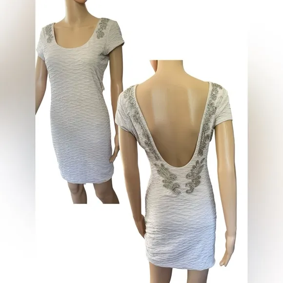 Free People Bringing Sexy Back Champagne Sparkly Textured Bodycon Mini Dress - Image 2