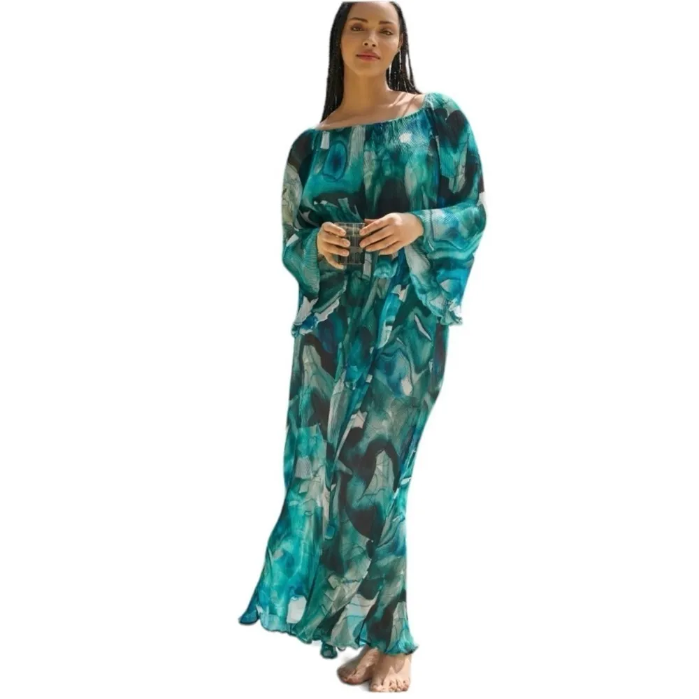 VILLA FRESCA Malia Off The Shoulder Micro Pleated Maxi Dress Blue Size 4X NEW - Image 6