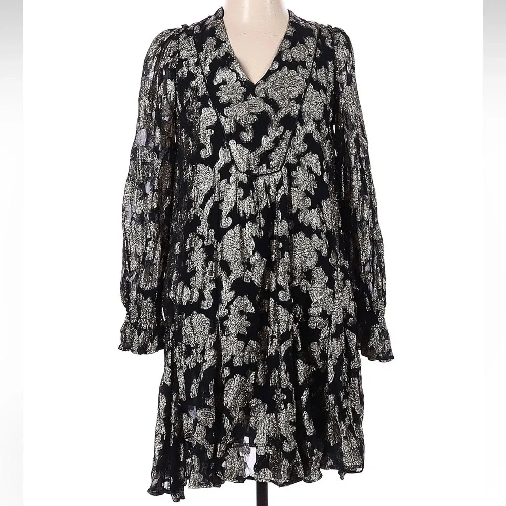 Anthropologie Gold Metallic Foil Tunic Dress Long Sleeve Party Holiday Size XS - Image 4