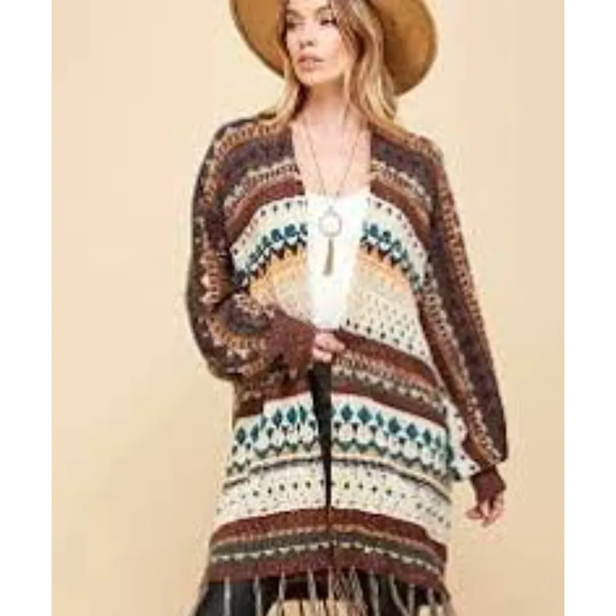 SPLA Womens Boho Ethnic Southwestern Knit Fringe Open Front Cardigan Size S - Image 13
