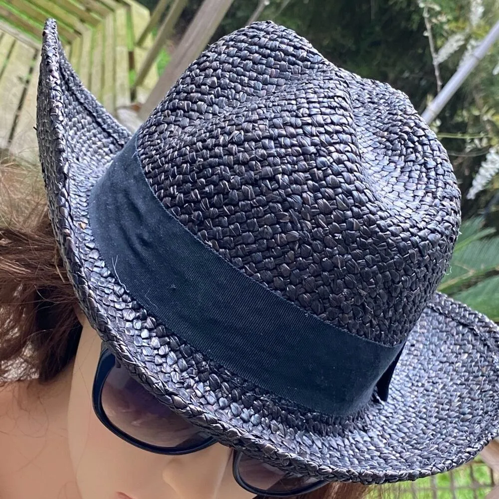 Vintage Black Woven Straw Hat Sz L - Image 4