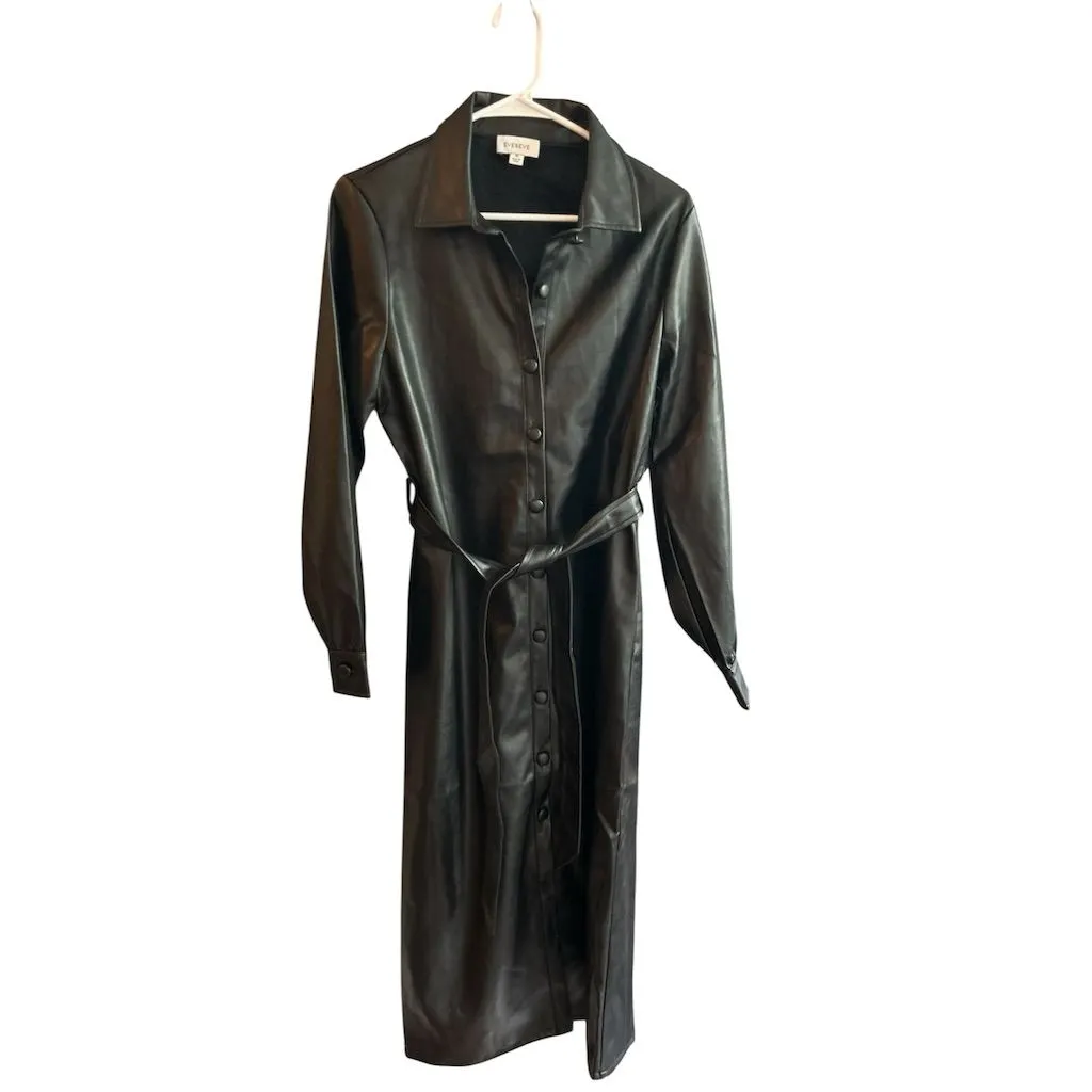 Evereve Women's Black Faux Leather Belted Midi Dress jacket Size M - Image 3