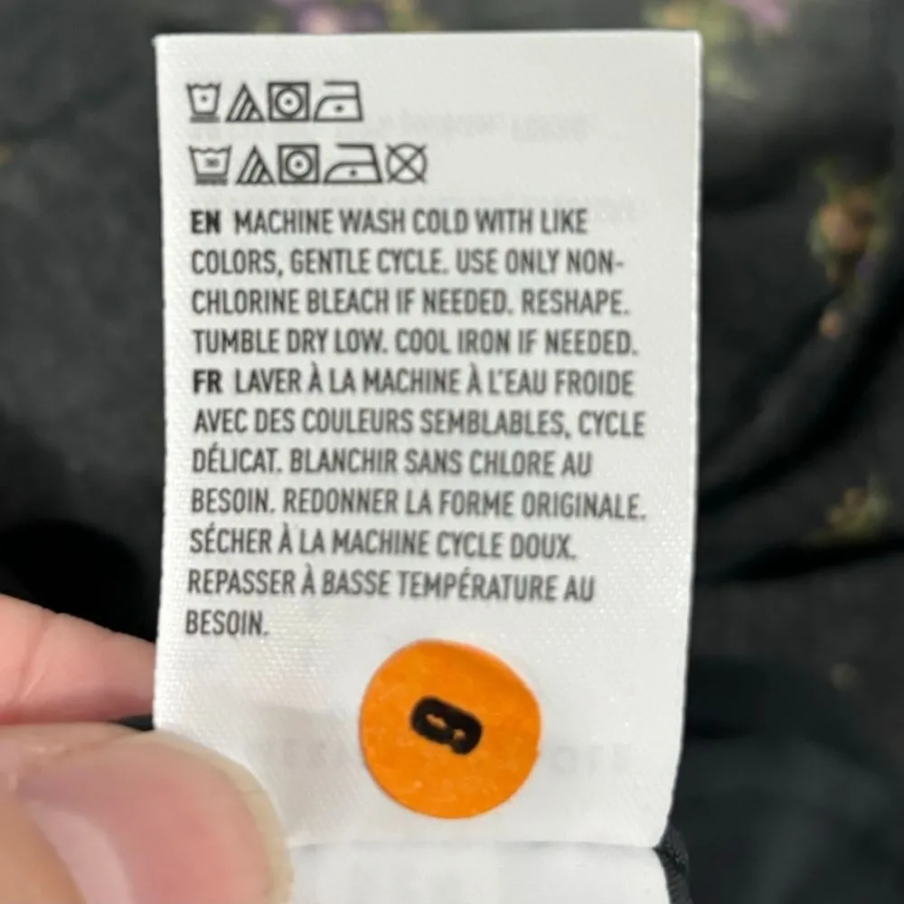 American Eagle SZ Large Ditsy Black Floral Dress Purple Ruffle Bell Sleeves Boho - Image 5