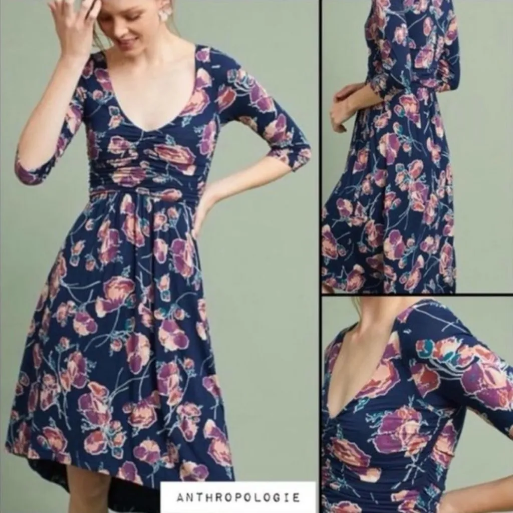 Anthropologie Maeve Midi Dress Floral Heppel Blue Purple Ruched Size Small - Image 4