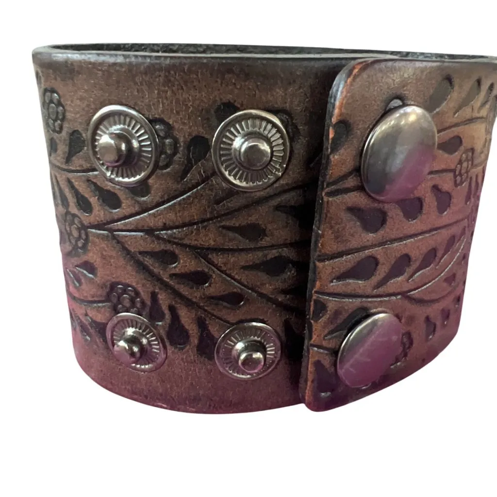 Faux Leather Tooled Cuff Bracelet Floral Leaves 3 Sizes 7.5" - Image 3