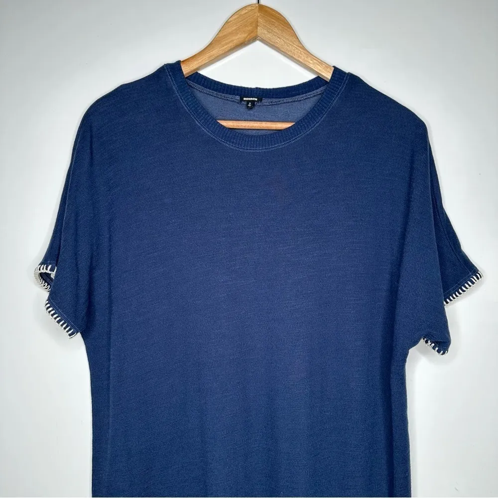 Monrow Revolve Navy Super Soft Blanket Stitch Casual Shirt Dress Size Small Blue - Image 4