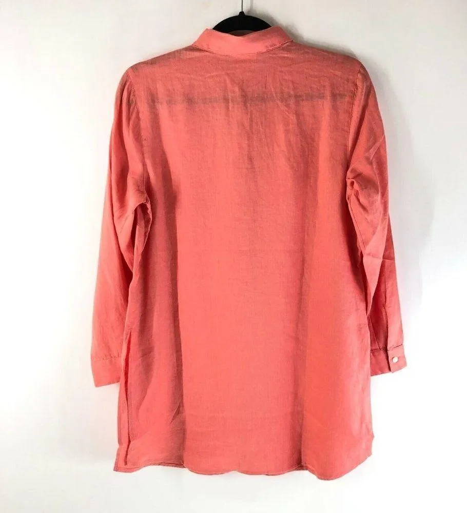 J Jill Love Linen Womens Tunic Top Button Front Side Slit Orange Coral L Petite - Image 2