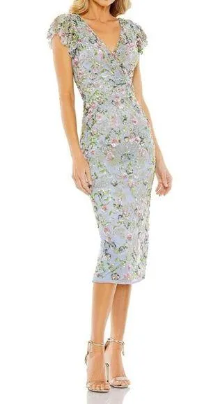 Mac Duggal Sequin Embroidered V-Neck Flutter Cap Sleeve Midi Sheath Dress size 6 Blue - $299 New With Tags - From Amber Mac Duggal Sequin Embroidered V-Neck Flutter Cap Sleeve Midi Sheath Dress size 6 Blue - $299 New With Tags - From Amber
