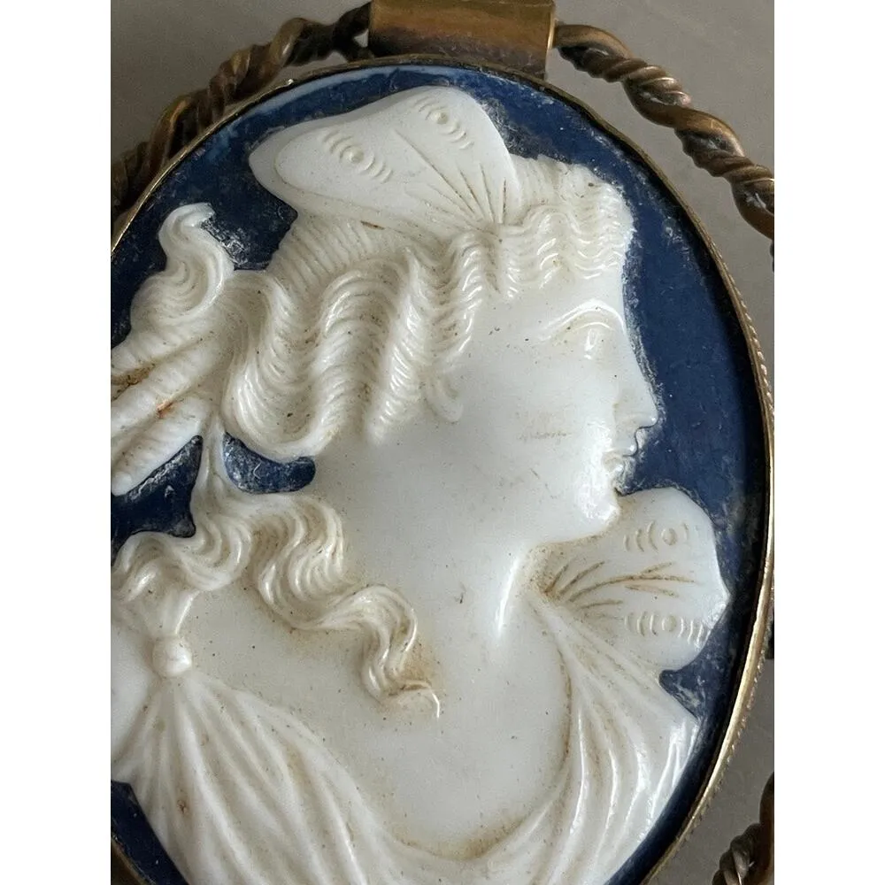 Antique Shell Carved Cameo Brooch of Godess Psyche Blue Background Large - Image 2