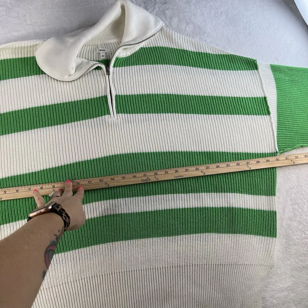 Aerie L Large Oversized Beyond Quarter Zip Sweater Knit Polo Green Stripe Womens - Image 12