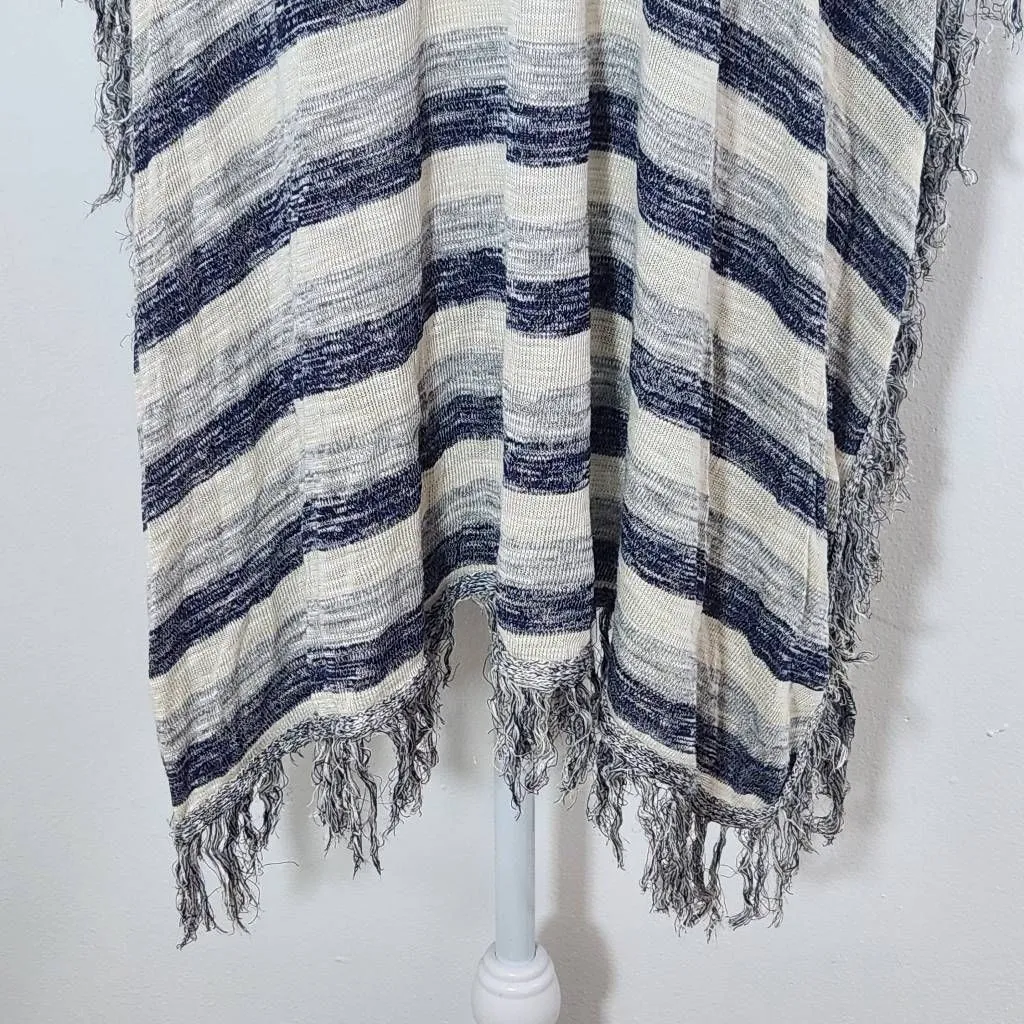 Say What? Navy and Gray Striped Poncho with Fringe Hemline NWOT One Size - Image 3