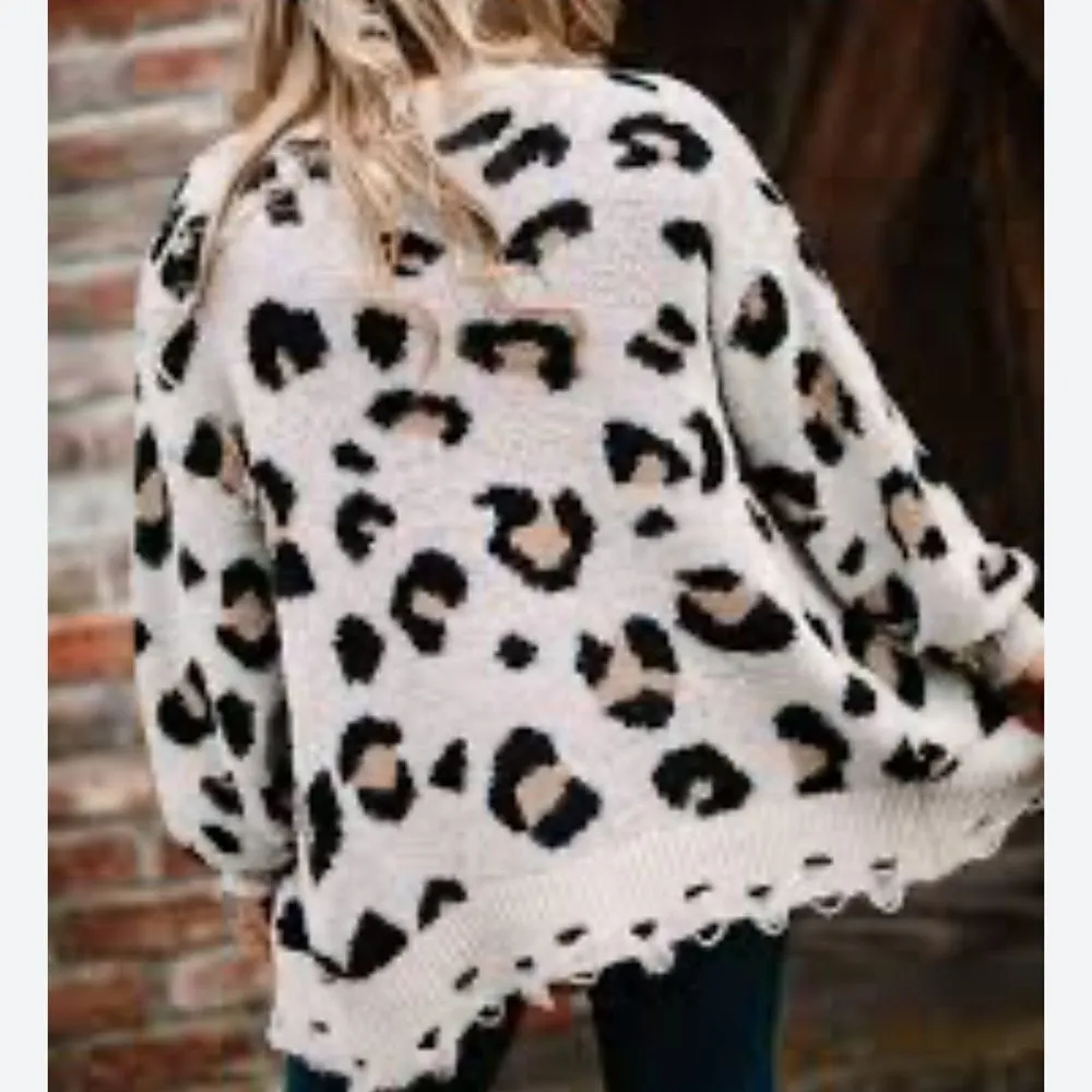 Loveriche Leopard Print Open Front Distressed Cardigan(Size Medium) - Image 3