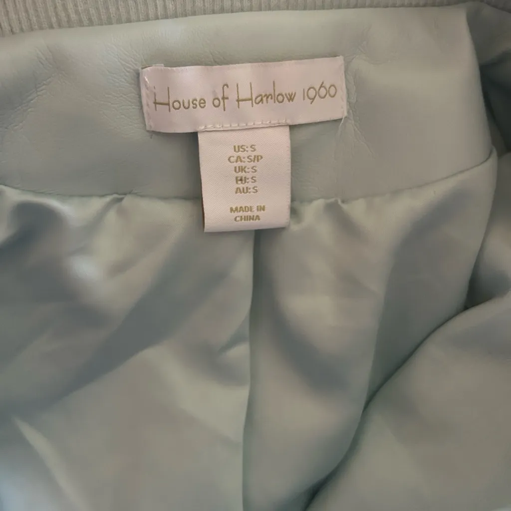 House of Harlow 1960 Vegan Faux Leather Bomber Jacket Pale Blue Size Smalll - Image 5