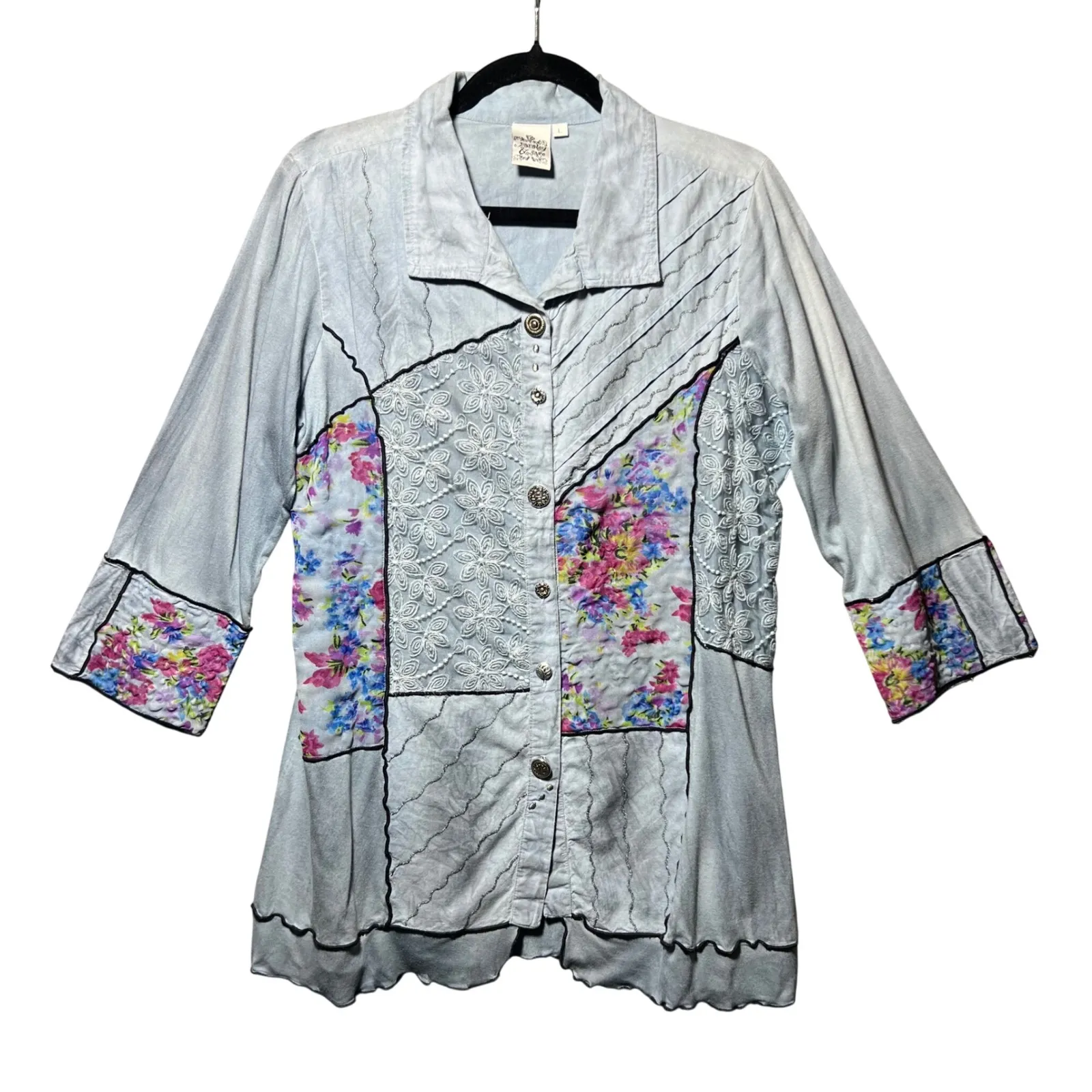 Parsley & Sage Top Artsy Boho Lagenlook Patchwork Tunic Shirt Jacket Gray Size L Blue Size L - Image 1