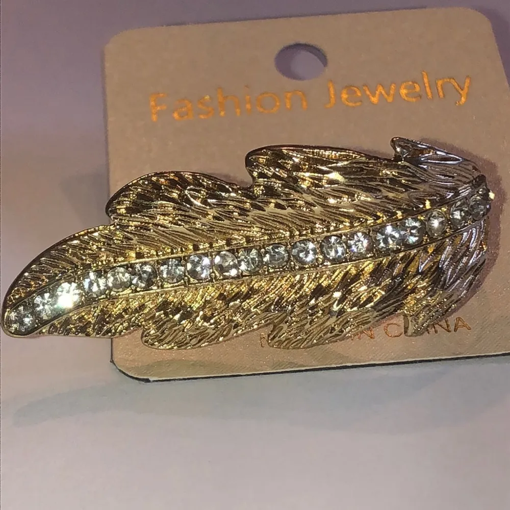 Adjustable Gold Tone CZ Rhinestone Feather Boho Statement Ring - Image 3