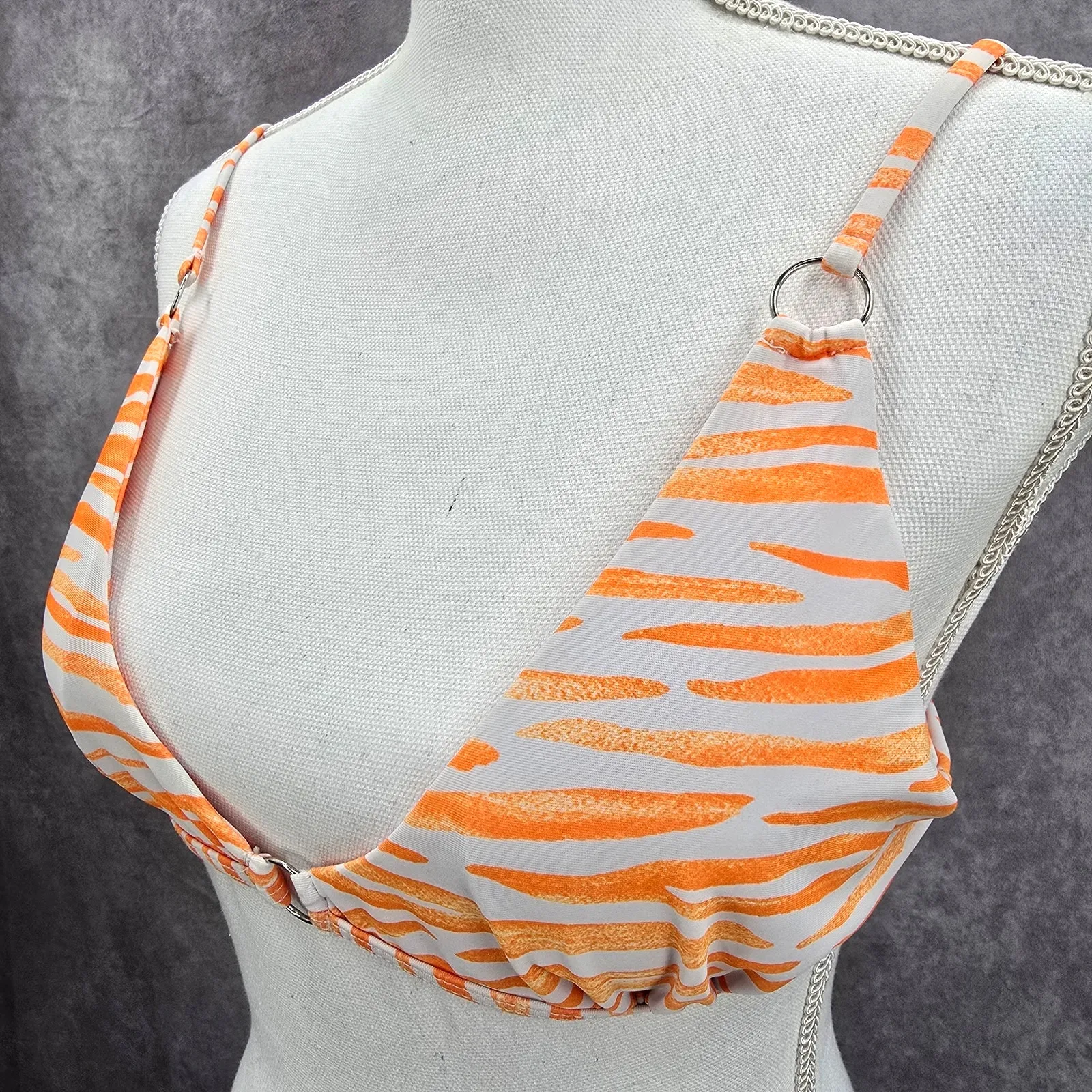 Orange White Stripe Triangle‎ String Adjustable Bikini Top Swimwear Medium - Image 4