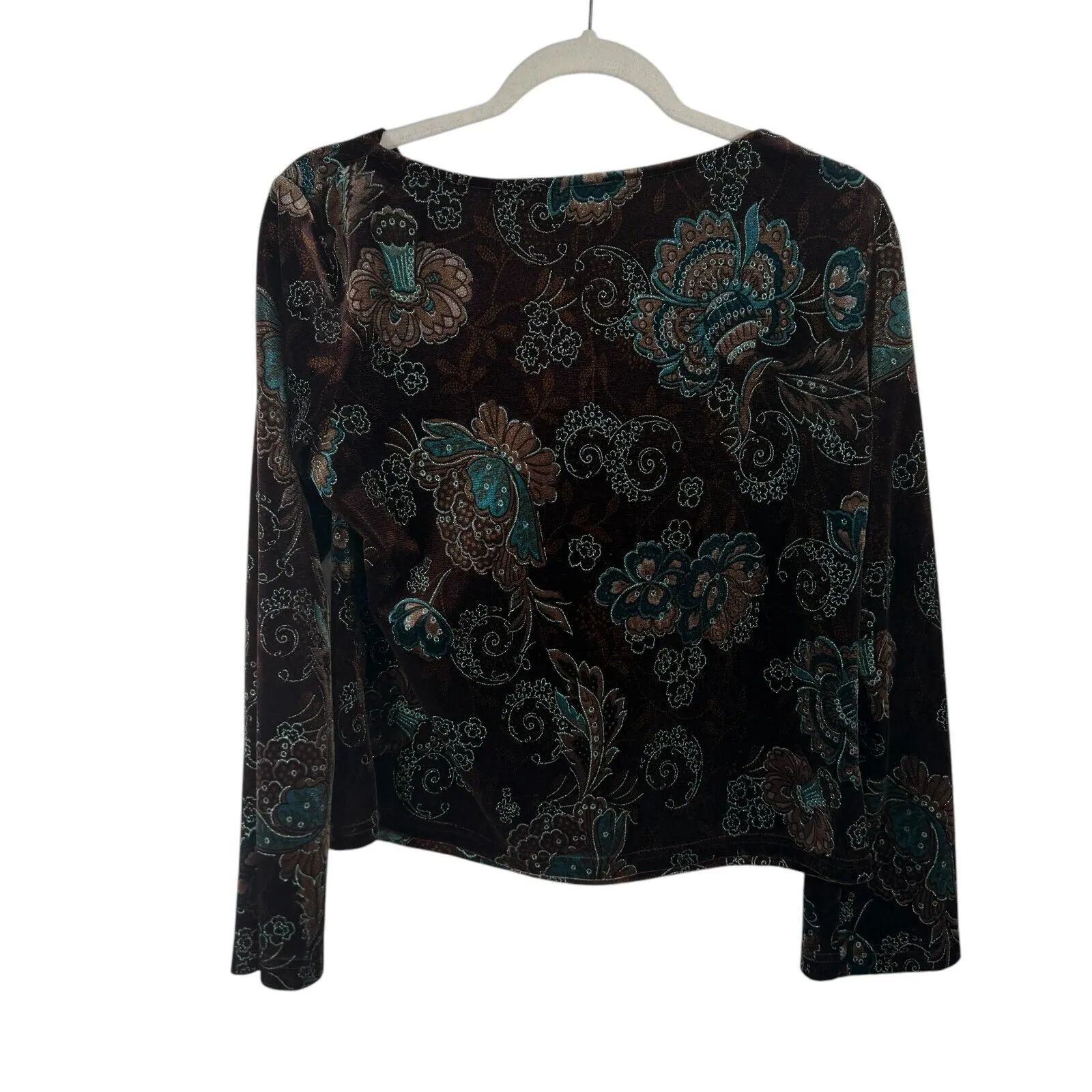 Kim Rogers Brown Floral Velvet Blouse Cowl Neck Y2K Fairy Womens Large Petite - Image 7