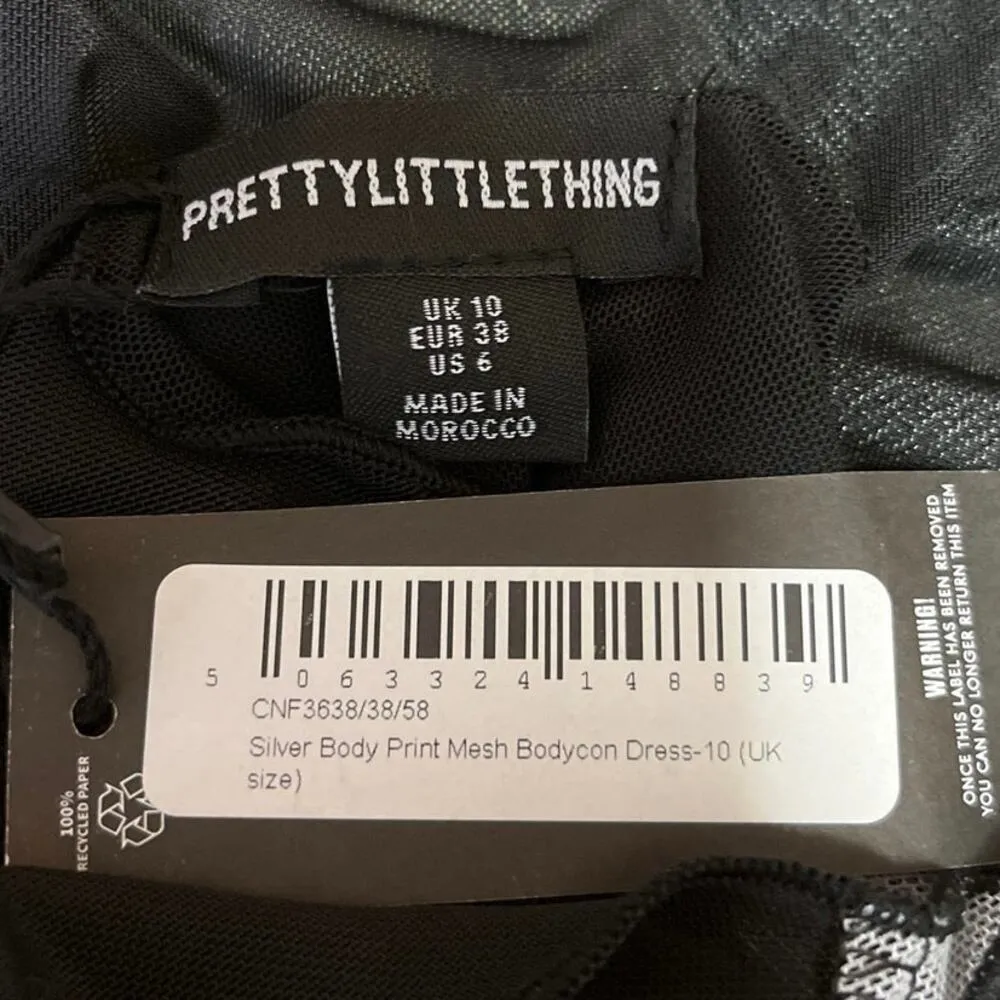 NEW PrettyLittleThing Silver Body Print Mesh Sleeveless Bodycon Mini Dress Sz 6 - Image 4