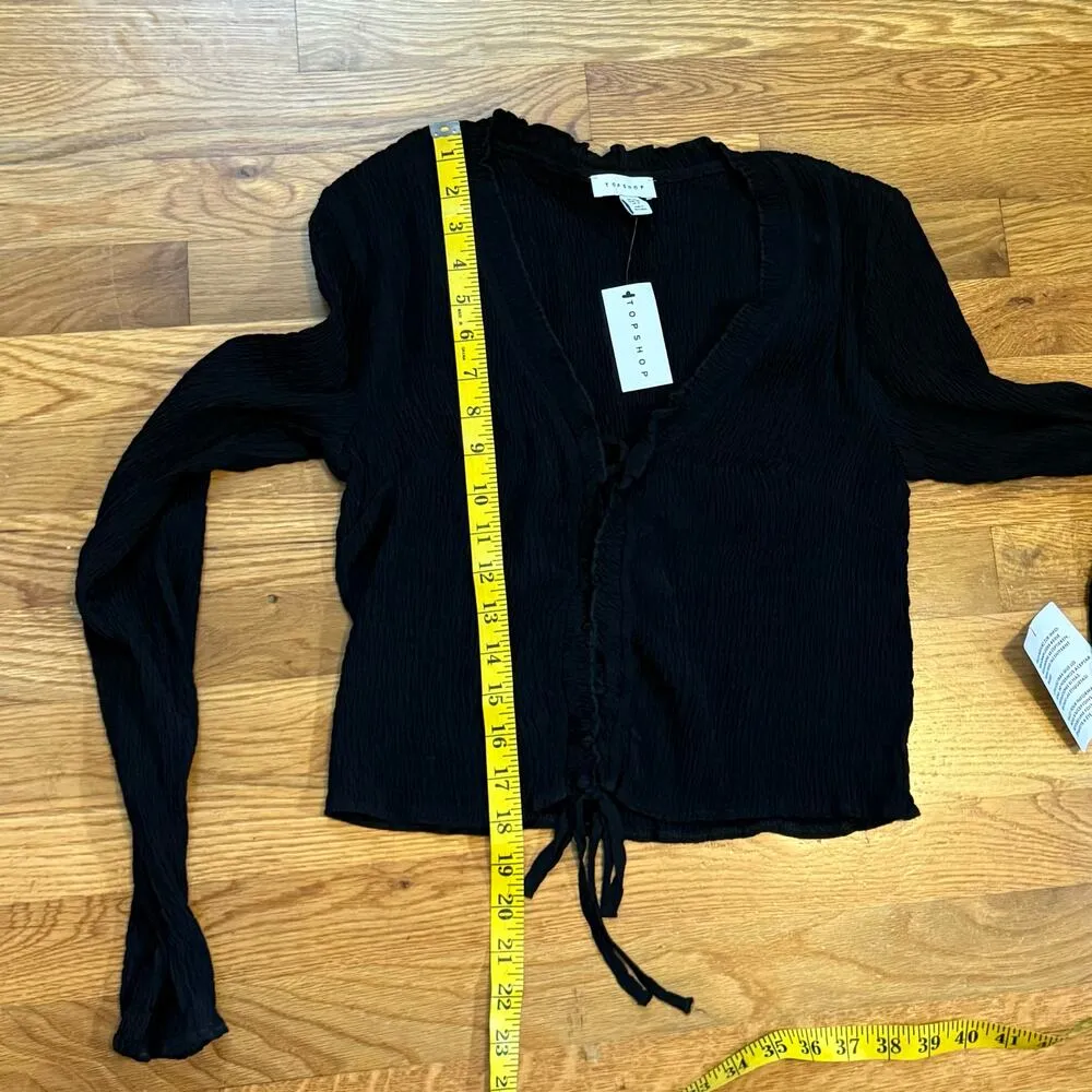 Women’s 6 Black Lace up Textured Smocked Long Sleeve V-neck shirt Goth - Image 5