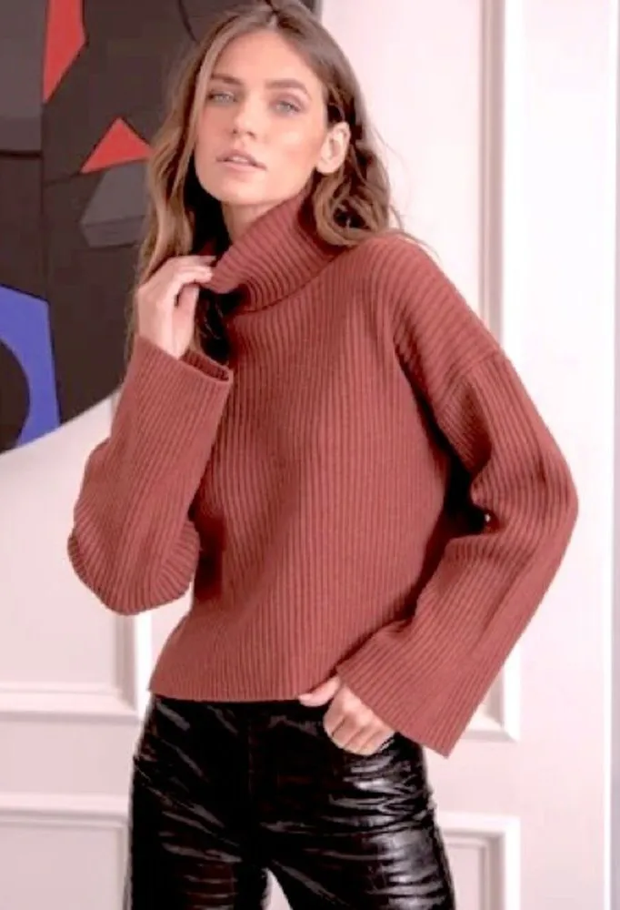 525 AMERICA Mock Neck Bell Sleeve Ribbed Knit Sweater M Medium Salmon Pink Cozy - Image 1