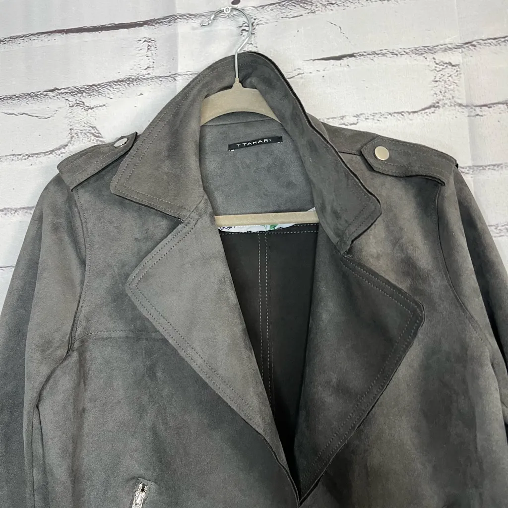 Tahari Faux Leather Biker Moto Jacket Charcoal Grey Relaxed Zip Pockets M Lined - Image 5