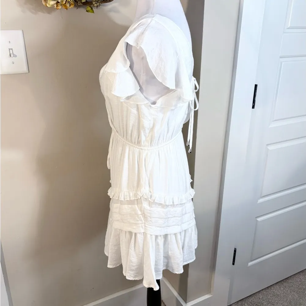 SAINTS & SECRETS Ruffled Tie Back Waist Cinch Plunging Mini Dress ~White Sz M White Size M - Image 9